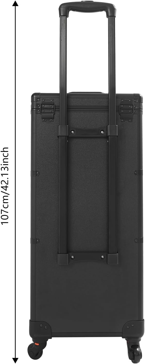 OUKANING Professional Makeup Case Trolley with Lock 3 Drawers and Telescopic Handle Shockproof Aluminium Cosmetic Case with 4 Wheels for Makeup Artists Travel Salon (Black, Shiny) - QUORE