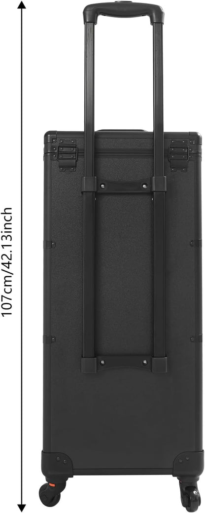 OUKANING Professional Makeup Case Trolley with Lock 3 Drawers and Telescopic Handle Shockproof Aluminium Cosmetic Case with 4 Wheels for Makeup Artists Travel Salon (Black, Shiny) - QUORE