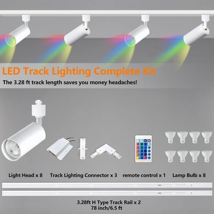 GU10 RGB-railverlichtingsset met gekleurde lampen, 8 stuks plafondspot met 2 x 1,5 m H-type rail, IR-afstandsbediening, meerkleurige spotlights (8 stuks, wit)