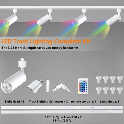 GU10 RGB-railverlichtingsset met gekleurde lampen, 8 stuks plafondspot met 2 x 1,5 m H-type rail, IR-afstandsbediening, meerkleurige spotlights (8 stuks, wit)
