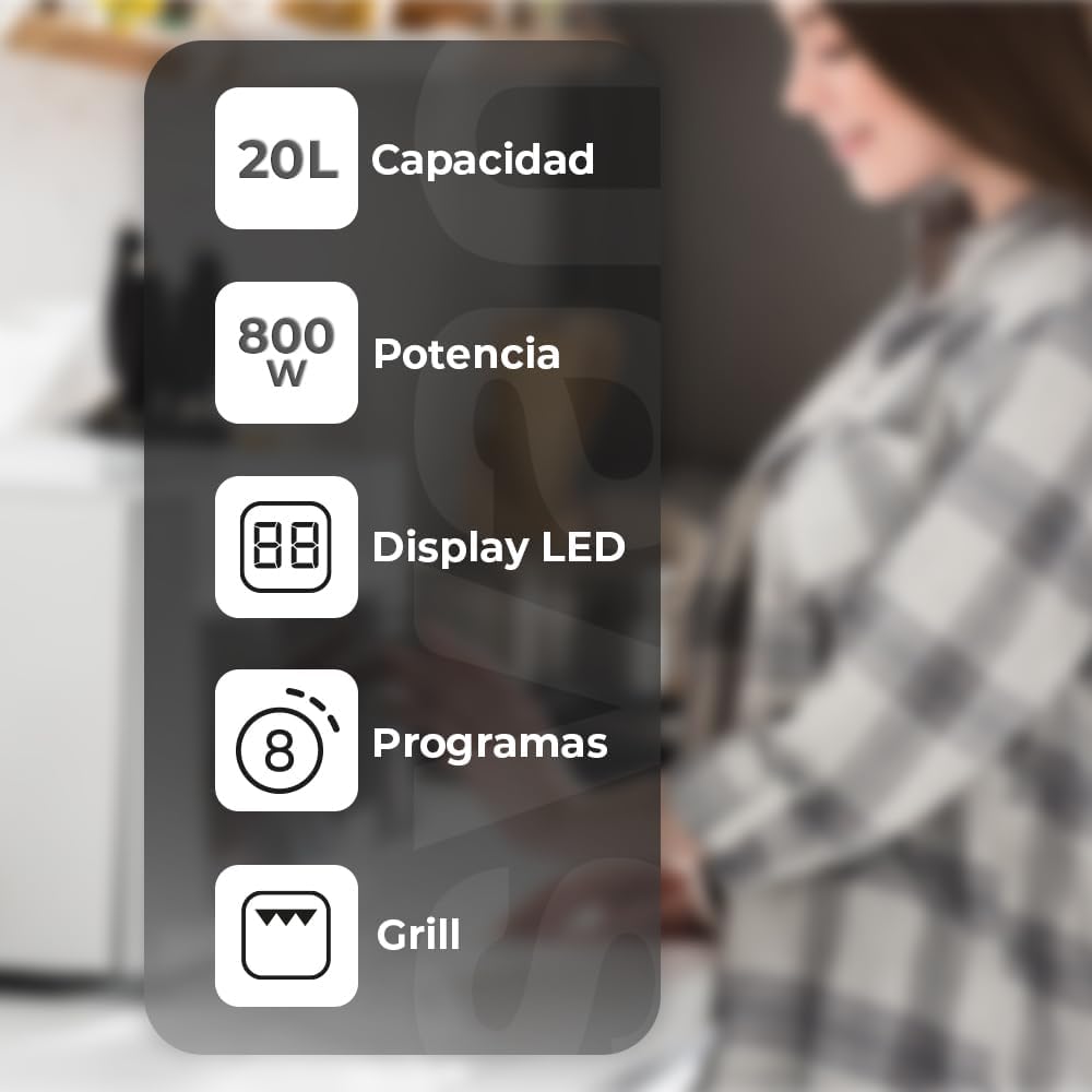 Magnetron – Microgolfoven – Mini Oven – Magnetronoven – Compacte Oven – 20 Liter – 800 W Magnetronvermogen – 1000 W Grillfunctie – 8 Programma’s – Digitale Timer 95 Min – Blauwe Geëmailleerde Binnenkant – Witte Glazen Deur