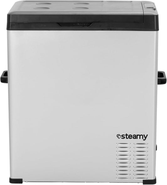 Steamy-E Single Zone 75, Elektrische Compressor Koelbox, 64 Liter, Zilver, 12V/230V, voor vriezen en koelen van -20 tot +20, ideaal voor op de camping