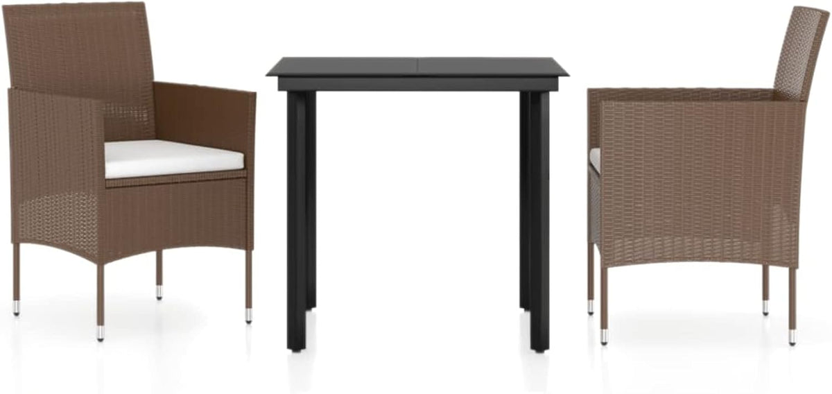 Gecheer Eetkamerset voor tuin, 3-delige set met kussens, tafel en stoelen voor buiten, salontafel en stoelen, polyrotan meubelset, tuinmeubelset van rotan, bruin en zwart - QUORE