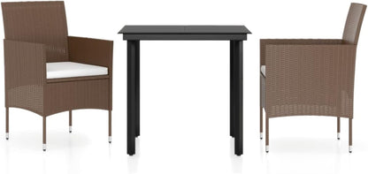 Gecheer Eetkamerset voor tuin, 3-delige set met kussens, tafel en stoelen voor buiten, salontafel en stoelen, polyrotan meubelset, tuinmeubelset van rotan, bruin en zwart - QUORE