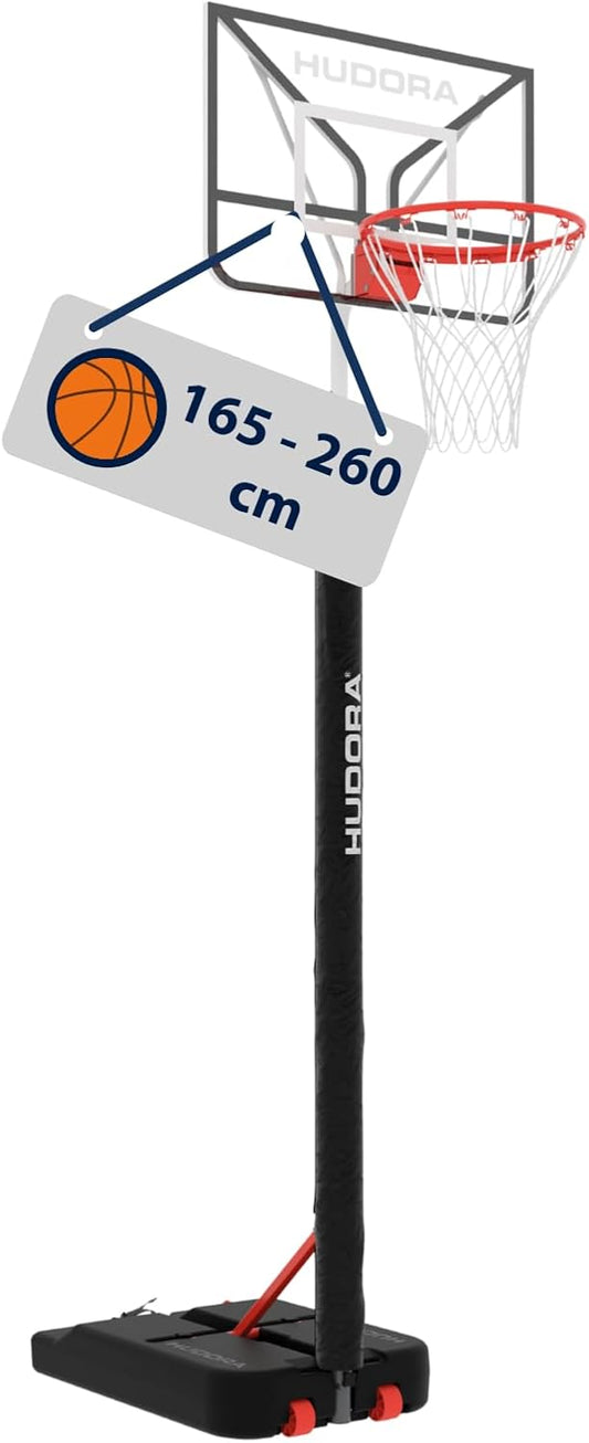 HUDORA RoCo Basketbalstandaard, in hoogte verstelbaar, opvouwbare basketbalkorf, geschikt voor binnen en buiten, voor kinderen en jongeren, basketbalmand met standaard, grijs