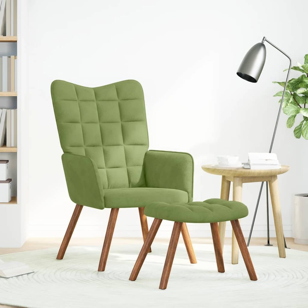 Relaxstoel met kruk, lichtgroen, fluweel, relaxstoel met armleuningen, loungestoel, televisiestoel, oorfauteuil voor woonkamer, slaapkamer, kantoor