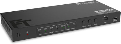 FeinTech AX341 HDMI 2.1 eARC Splitter Switch 4-in-2 Out met audio-extractor (eARC-soundbar, Toslink & AUX), 8K 60Hz, 4K120Hz, Downscaler