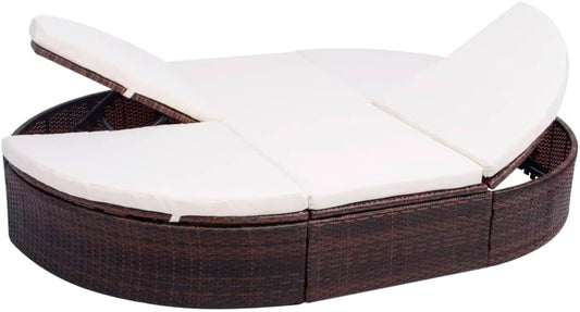 Loungebed voor buiten, met kussen, polyrotan, bruin ligbed, tweepersoonsbed met kussen, tuinbank - QUORE