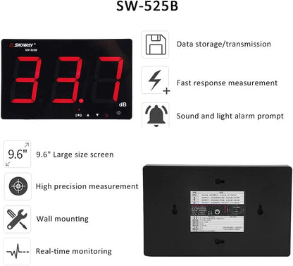 Geluidsniveau Meter – Decibelmeter – Geluidsmeter – Geluidmeter – Ruismeter – Muurhangend Wandmodel – 30-130 dB Meetbereik – 24,4 cm LCD-Scherm Met Alarm & Datalogger