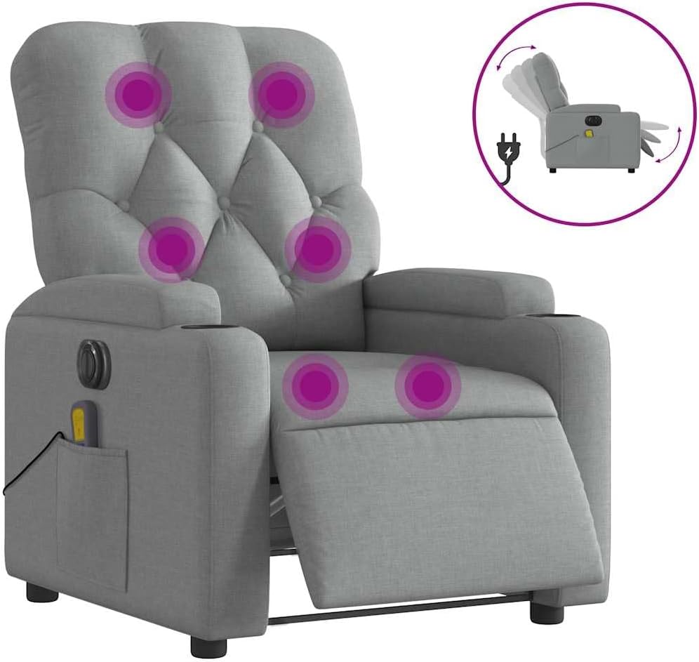 Elektrische Relaxstoel – Relaxfauteuil – Sta-op Stoel – Massagestoel – Ligstoel – 6 Massagepunten – Bekerhouder – Lichtgrijze Stof – Trillingsfunctie – Comfortabele Zitting – Stabiel Frame