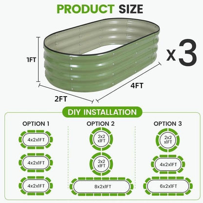 Gegalvaniseerde metalen verhoogde tuinbedkit - 120 x 60 x 30 cm plantenbak voor buiten met veiligheidsranden en handschoenen voor groenten, fruit, bloemen. Groen-3 stuks