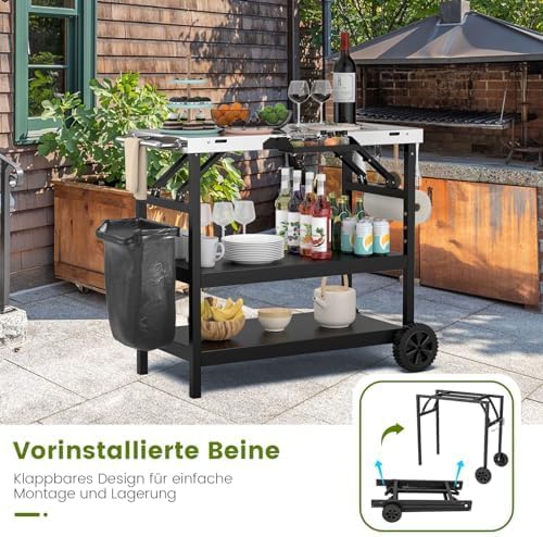 Grilltafel met 3 planken, grillwagen met verstelbare plank, telefoonstandaard, kruidenrek, handdoekhouder, zakdoekhouder en haken, outdoor serveerwagen bijzettafel