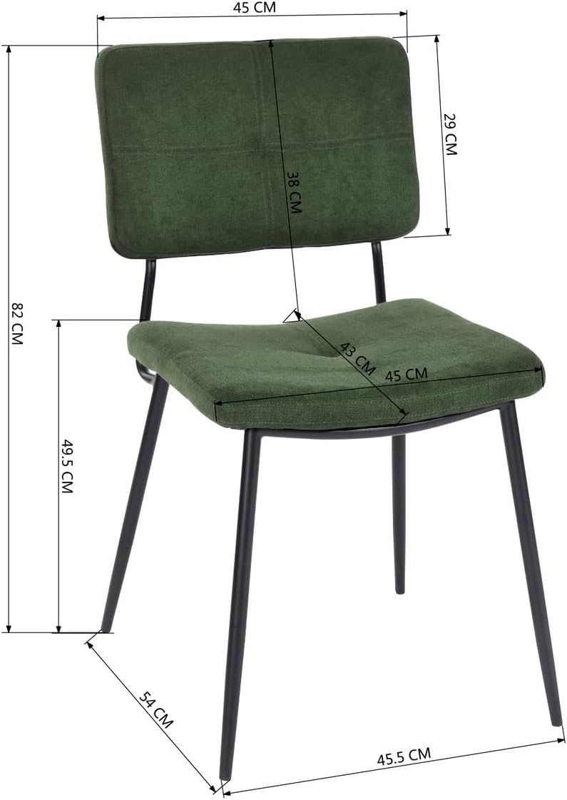 MEUBLE COSY Eetkamerstoelen, set van 2 retro keukenstoelen, ergonomische woonkamerstoel, bureaustoel met rugleuning, zitting van stof, metalen poten, groen, 59,5x45x82cm