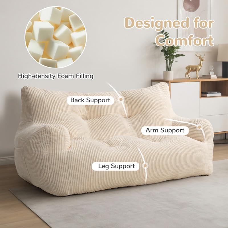 Pamapic Zitzak, grote zitzakstoel met vulling, 2-zitsbank met draagbaar handvat, moderne ergonomische zitzak voor volwassenen, comfortabele stoel voor woonkamer, slaapkamer, speelkamer, beige