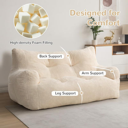 Pamapic Zitzak, grote zitzakstoel met vulling, 2-zitsbank met draagbaar handvat, moderne ergonomische zitzak voor volwassenen, comfortabele stoel voor woonkamer, slaapkamer, speelkamer, beige