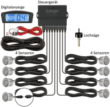 VSG24 22146 - Premium Combi Set Front, Rear incl. 8 sensoren, kleurendisplay & akoestisch signaal, automatisch parkeerhulp parkeersysteem - Zilver