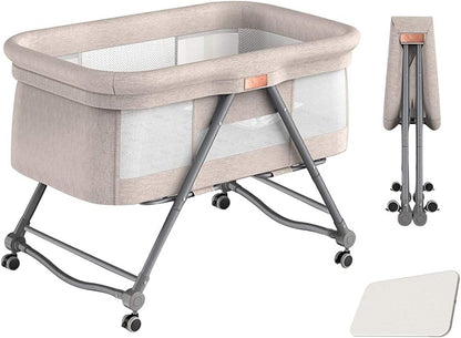 Baby Bed - Co Sleeper - Opvouwbaar - Grab-And-Go Reiswieg - Schommelfunctie - Op Wielen - Incl. Matras - Khaki Bravo Basic