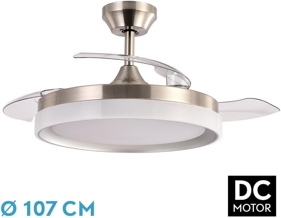 Abrila - Zenit DC-ventilator, nikkelkleur met drie afneembare vleugels, met 6 instelbare snelheden, met 3 lichttemperaturen, afstandsbediening inbegrepen