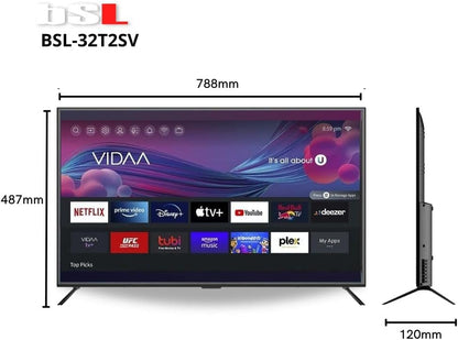 BSL-32T2SV VIDAA Smart TV 32 inch | WiFi | RJ45 | Res. HD1366X720p | USB | DVBT2/S2/C | Compatibel met Youtube, Netflix, Disney +, Dazn, Prime | HDMI