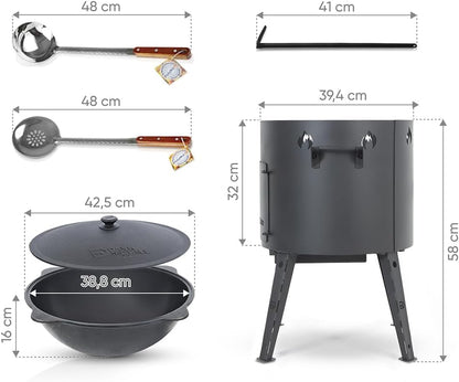 KazanoFF Kazan Fire Stove with Cast Iron Pan, Round Base with Lid (12 litres), Diameter 40 cm, Outdoor Fire Bowl, Camping, Goulash Cannon Dutch Oven (Set 3-12) - QUORE