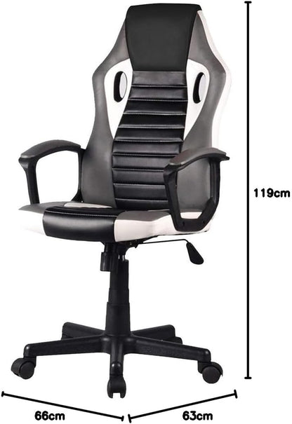 BAKAJI Ergonomische managersstoel, gamingstoel, racingstoel, kunstleer, inrichting voor kantoor, thuis, kinderkamer, vergaderruimte, in hoogte verstelbaar, draaibaar en draaibaar (grijs)