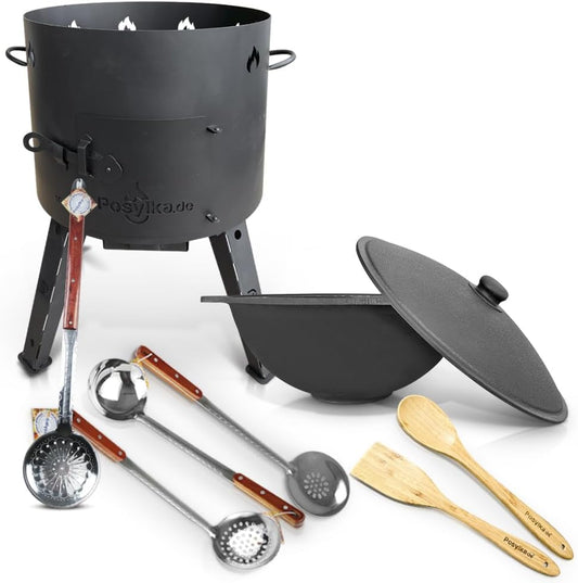 Utschak Kazan Fire Oven with Cast Iron Pan, Flat Bottom with Lid, 16 L, Diameter 44 cm, Kazan Set of 6 - QUORE