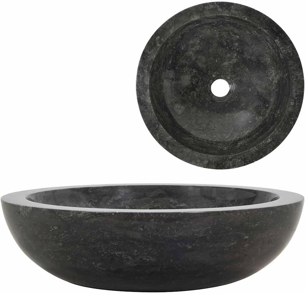 Wastafel – Wasbak – Fontein – Opzetwastafel – Zwarte Marmeren Wastafel – Handgemaakt Marmer – Diameter 40 cm – Hoogte 12 cm