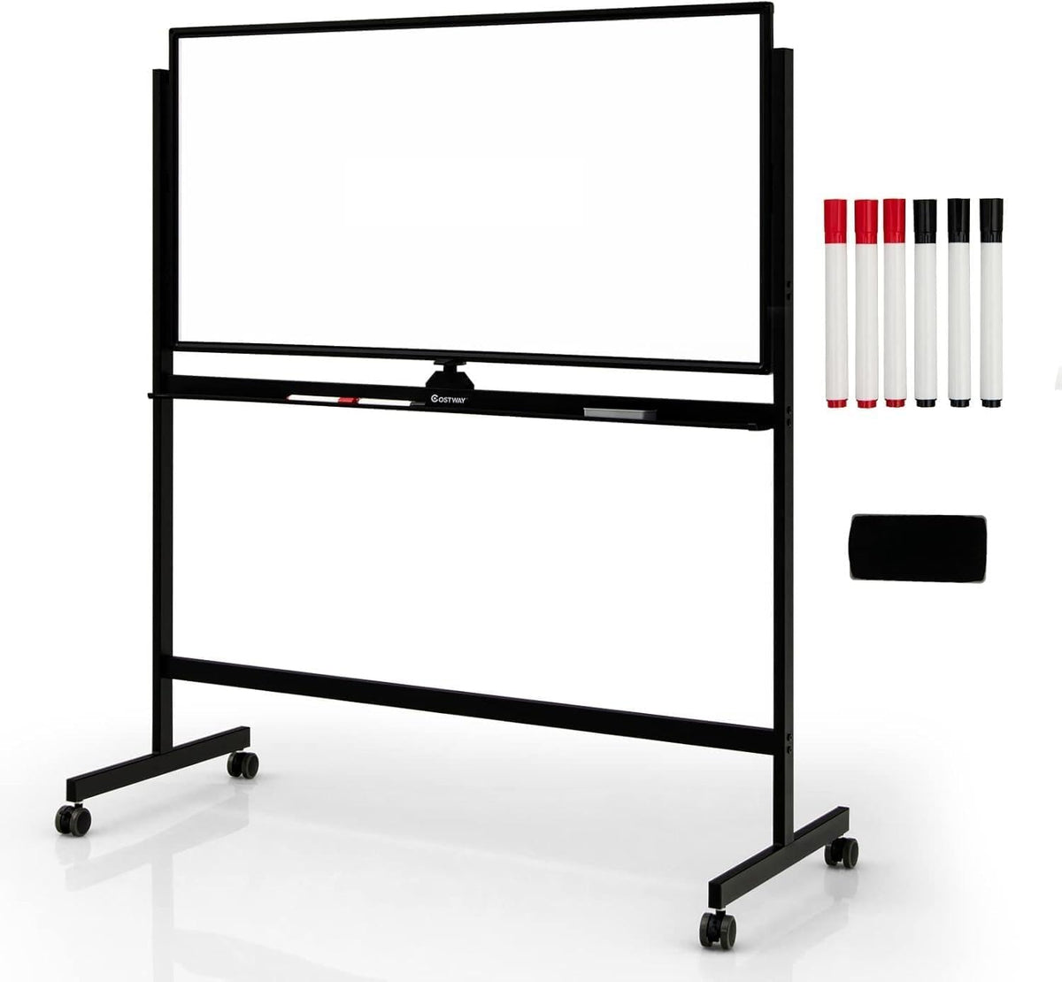 FANTASK Mobiel whiteboard, 120 x 60 cm, dubbelzijdig magnetisch whiteboard met standaard en wielen, droog afwisbaar