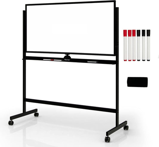FANTASK Mobiel whiteboard, 120 x 60 cm, dubbelzijdig magnetisch whiteboard met standaard en wielen, droog afwisbaar