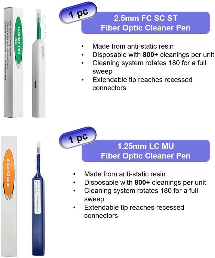 Fiber Optic Cleaning Kit Fiber Optic FTTH Cleaner Tools with 1.25mm / 2.5mm One Click Cleaner Pens and Cleaning Sticks Wipes for Cleaning FC SC ST LC MU Connectors