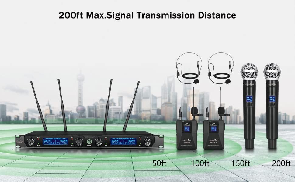 Draadloos microfoonsysteem – Draadloze microfoonset – UHF microfoonset – Karaoke microfoonset – 4-Kanaals Set Met 2 Handmicrofoons, 2 Bodypacks En 2 Headsets – Stabiele Vaste Frequentie – Metalen Behuizing