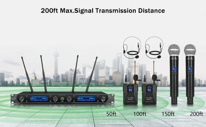 Draadloos microfoonsysteem – Draadloze microfoonset – UHF microfoonset – Karaoke microfoonset – 4-Kanaals Set Met 2 Handmicrofoons, 2 Bodypacks En 2 Headsets – Stabiele Vaste Frequentie – Metalen Behuizing