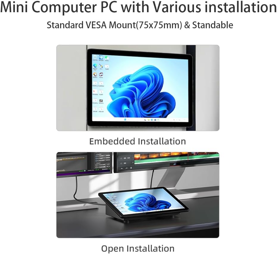 Mini PC Computer Mini Desktop PC 10.1 Inch Win 11 N5095, Mini-pc met Touchscreen, 8GB RAM, 128GB eMMC, 5000mAh batterij, Dual 4K Display Output, HDMI/WiFi5/BT5.0, Dual Rs232