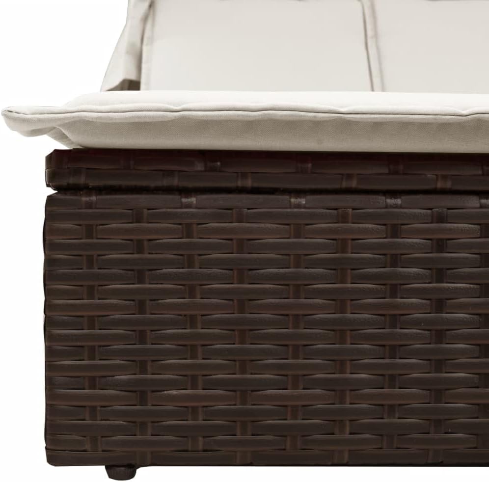 Double lounger with retractable canopy and brown PE rattan cushion for outdoor use, backrest adjustable, 2 positions, removable cushion, material resistant to - QUORE