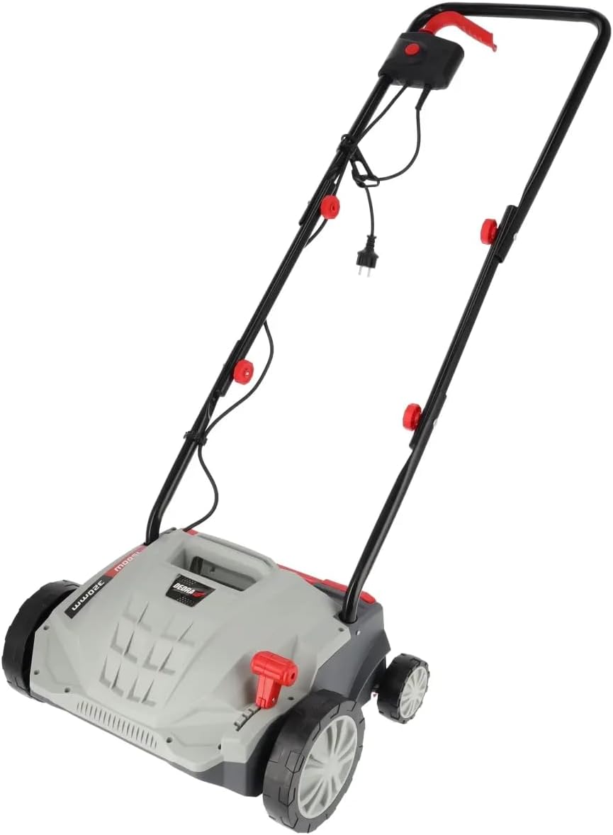 DEDRA verticuteer/gazonventilator, elektrische aandrijving, sterk 1500 W, 3000 omw/min, 32 cm werkbreedte, laag geluidsniveau, opvangzak van 30 liter, met diepteverstelling