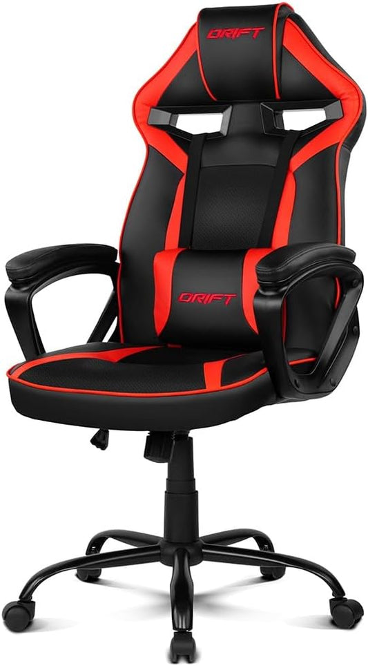 DRIFT GAMING Chair DR50 -DR50BR- Gamestoel, professioneel, in hoogte verstelbaar, tuimelstoel, gevoerde armleuningen, kunstleer, 67 x 122-131 x 67 cm, rood/zwart