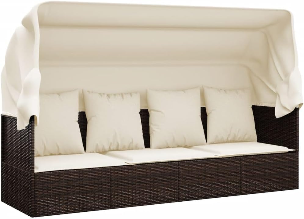 Outdoor Lounge Bed with Roof and Cushion, Brown Poly Rattan Sun Lounger with Both Sides Adjustable for Garden, Balcony, Patio, Camping, Swimming Pool - QUORE