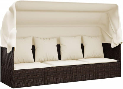 Outdoor Lounge Bed with Roof and Cushion, Brown Poly Rattan Sun Lounger with Both Sides Adjustable for Garden, Balcony, Patio, Camping, Swimming Pool - QUORE
