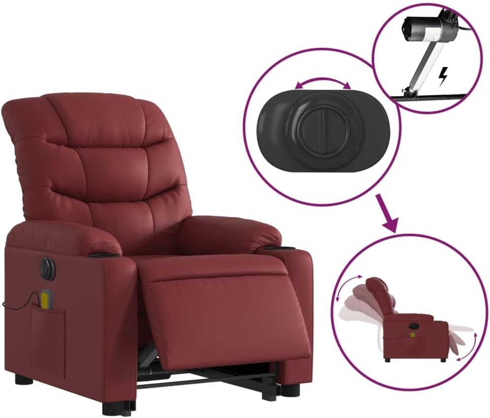 Elektrische Relaxfauteuil – Sta-op Stoel – Massagefauteuil – TV Stoel – Kantelbare Fauteuil – 6-Punts Vibratiemassage – Wijnrood Kunstleer