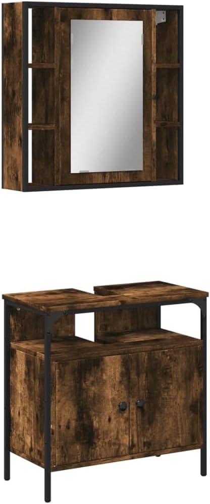 vidaXL 2 Piece Bathroom Furniture Set Decorated Wood Smoked Oak, Bathroom Set, Bathroom Cabinet, Bathroom Unit, Washbasin, Bathroom Cabinet