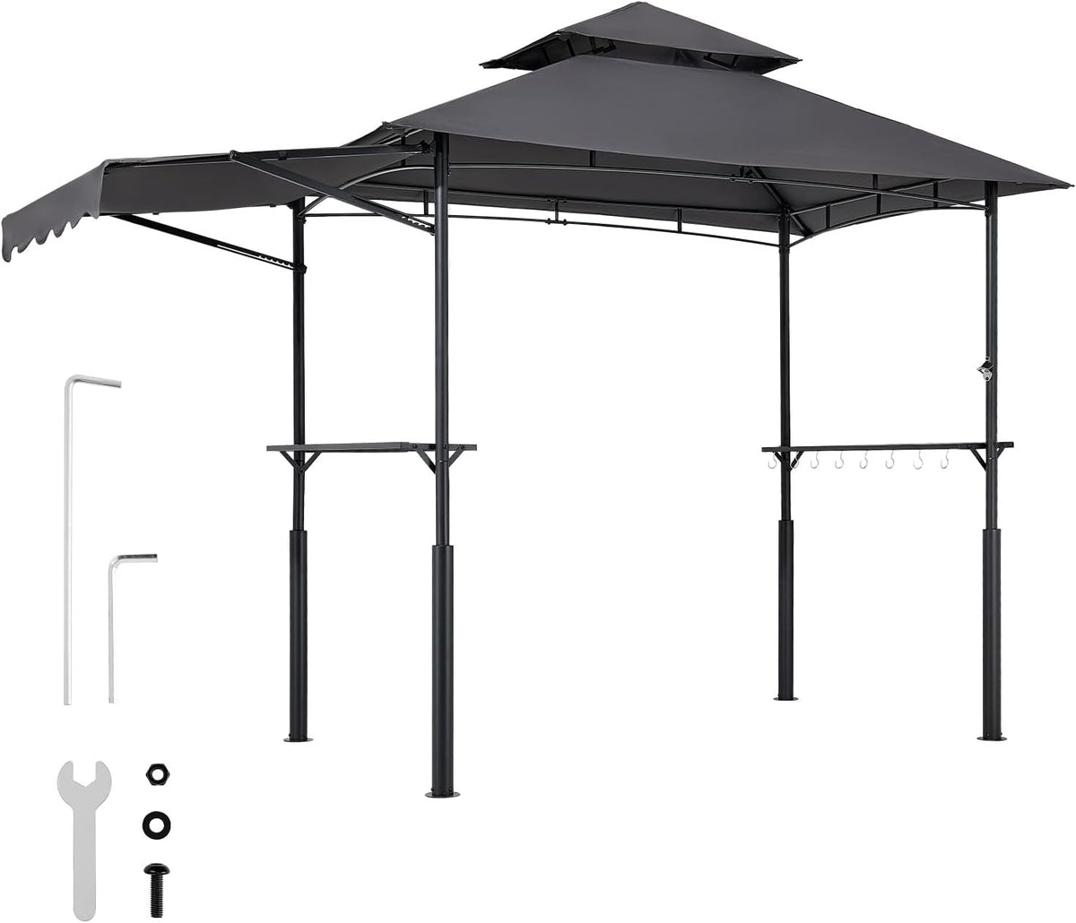 VEVOR Grillpaviljoen, 2,4 x 1,5 m dubbel gelaagd bovenblad, versterkt barbecue-paviljoen met extra luifel, gepoedercoat stalen terrasgrillonderdak met 2 zijplanken en haken, buitengrillluifel voor