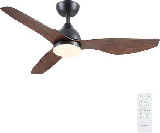 Newday Plafondventilator met Licht en Afstandsbediening, 116cm Zwart Houten Kleur Plafondventilator met Lampen Dimbaar, Rustige Omkeerbare DC Plafondventilator met Slaapmodus voor SlaapkamerTerras