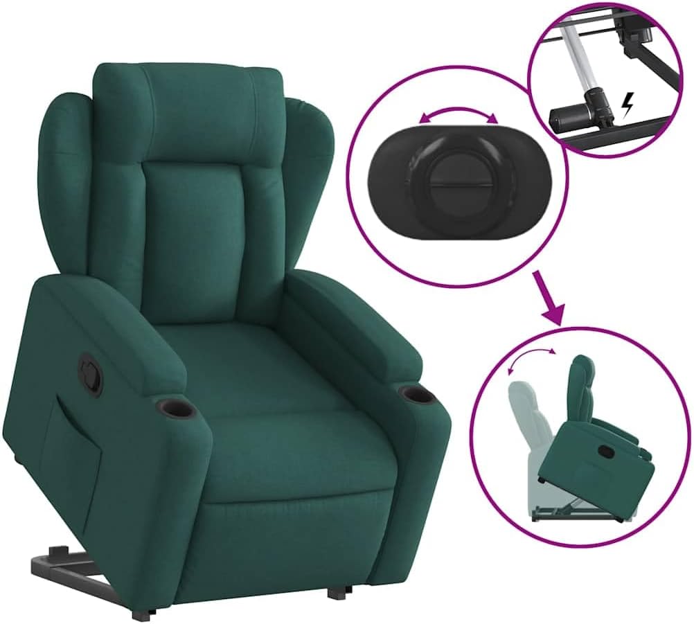 Relaxstoel met Opstahulp – Tv-Stoel – Ligstoel – Relaxfauteuil – Stoel Met Kantelsysteem – Elektrische Opstahulp – Handmatig Verstelbare Ligfunctie – Donkergroen Stof