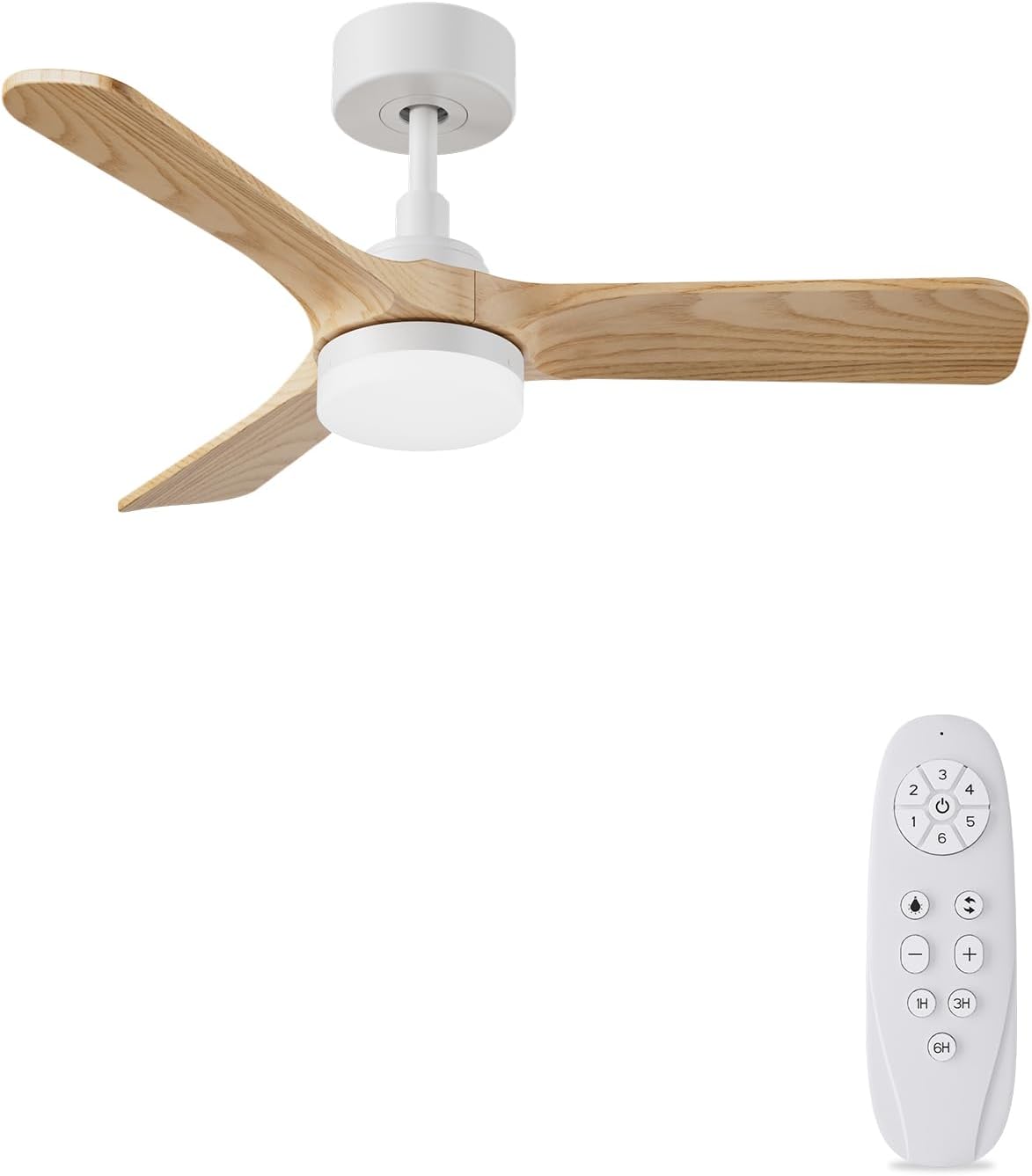 Houten plafondventilator met licht, 30 W, ultra-stille DC-motor, diameter 90 cm, met 3 omkeerbare vleugels, afstandsbediening met geheugenfunctie, 6 snelheden, dimbaar, plafondventilator