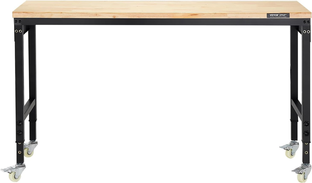 VEVOR 60 Inch Adjustable Workbench, 900 kg Load, Workbench with Socket, Wheels and Pegboard, Heavy Duty Oak Work Table for Garage, Workshop, Office and Home
