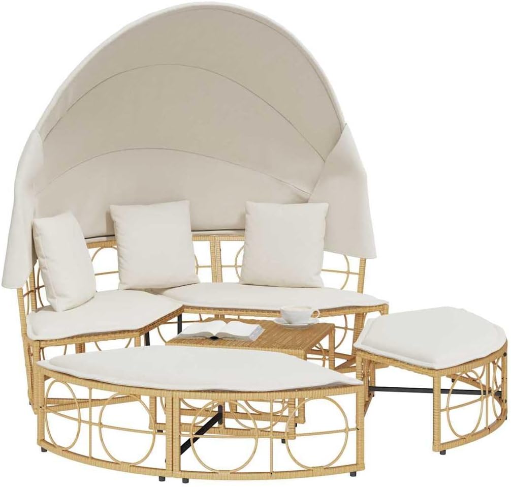 Zonnebed – Ligbed Buiten – Outdoor Ligstoel – Relaxstoel Tuin – Loungestoel Balkon – Polyrotan – Met Luifel – Comfortabele Kussens – Weerbestendig