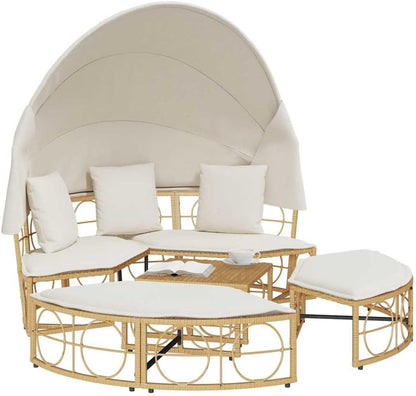 Zonnebed – Ligbed Buiten – Outdoor Ligstoel – Relaxstoel Tuin – Loungestoel Balkon – Polyrotan – Met Luifel – Comfortabele Kussens – Weerbestendig
