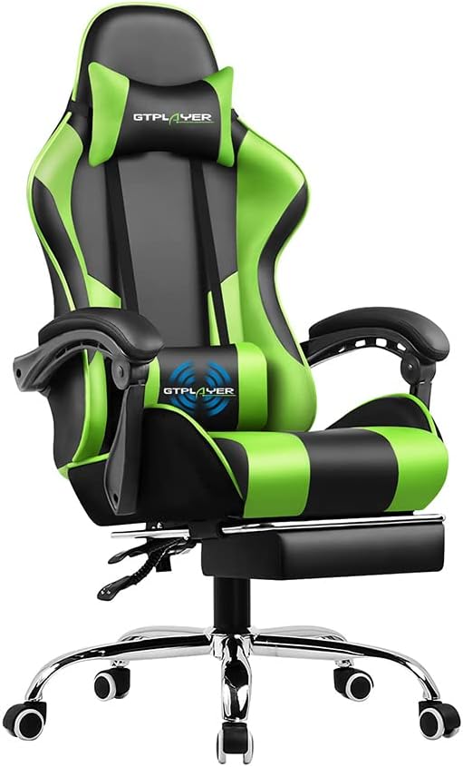 GTPLAYER Game Chair Massage, Gaming Office Chair Ergonomic with Footrest, Adjustable Headrest and Lumbar Support, Height Adjustable, Green Leather Variant - QUORE