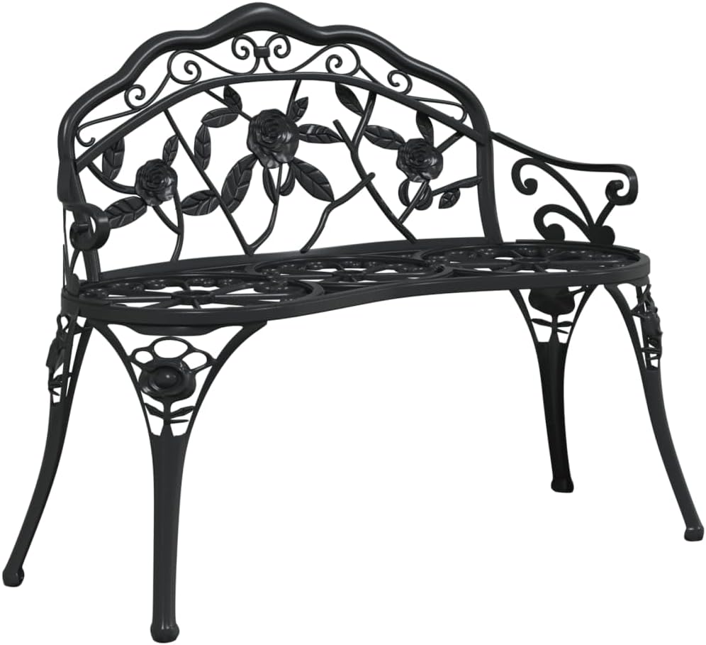 Cast Aluminium Garden Bench Black 100 cm Weatherproof Outdoor Bench with Cast Iron Legs and Classic Floral Pattern Durable Patio Furniture - QUORE