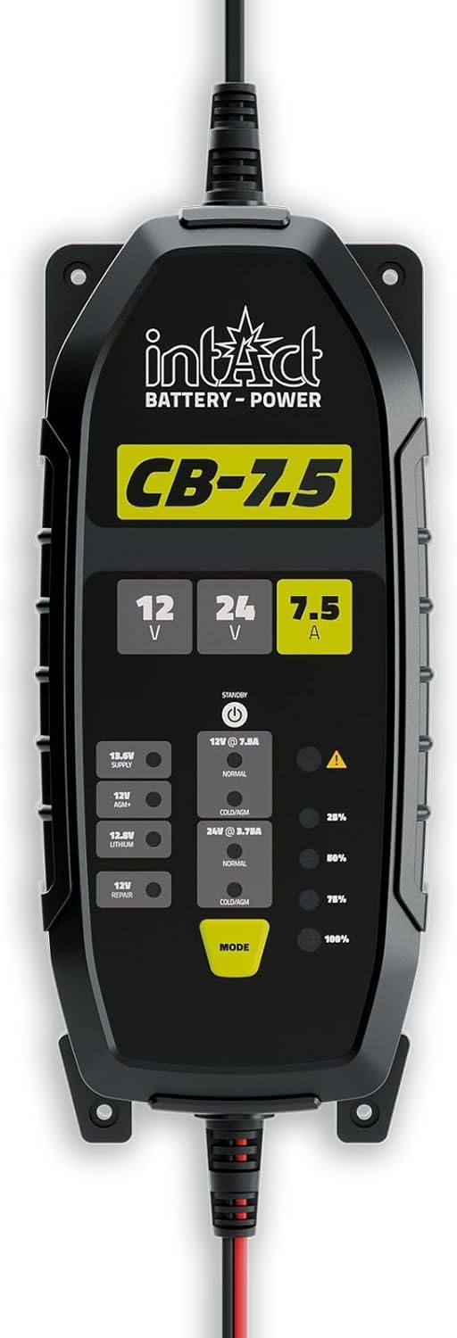 intAct ChargeBox Oplader voor start- en voedingsbatterijen, 7,5 A acculader voor 12 V en 24 V lood-zuur- en lithiumbatterijen, met druppellaadfunctie en reanimatiefunctie